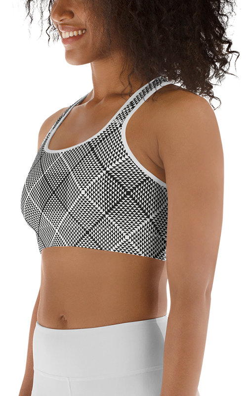 black and white optical illusions sports bra athleisure gym wear activewear fitness apparel women